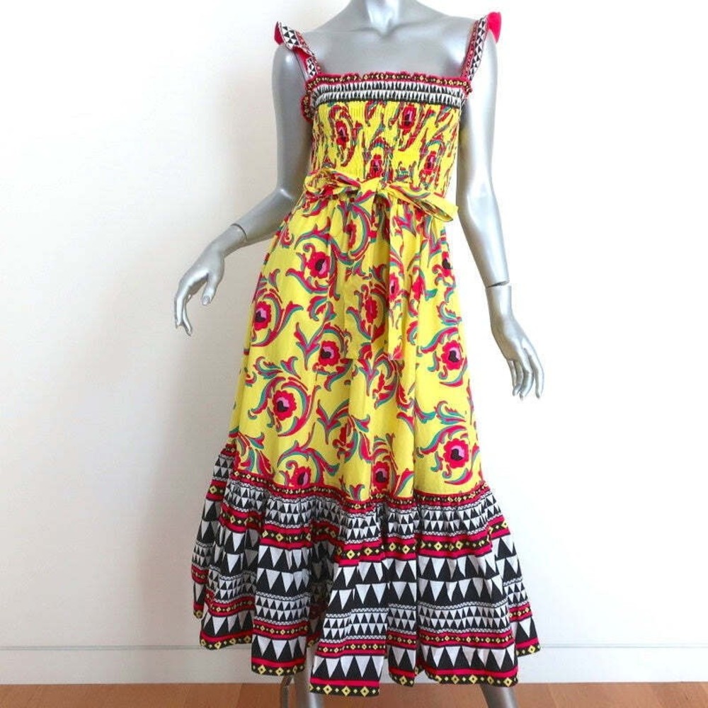 La DoubleJ Smock Dress Yellow Cartwheel Giallo Print Cotton Size Extra Small - Picture 1 of 9